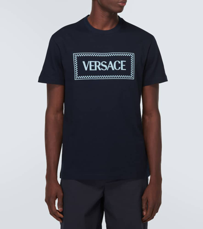 Shop Versace Logo Embroidered Cotton Jersey T-shirt In Navy Blue