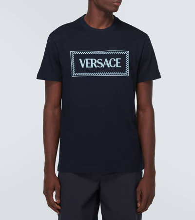 Versace Blue Crewneck T-shirt With 90's Logo Print In Navy Blue