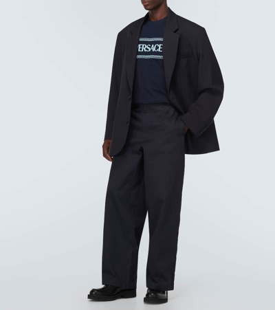 Versace Blue Crewneck T-shirt With 90's Logo Print In Navy Blue