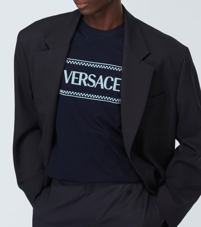 Shop Versace Logo Embroidered Cotton Jersey T-shirt In Navy Blue