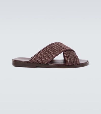 Shop Manolo Blahnik Otawi Leather-trimmed Raffia Sandals In Brown