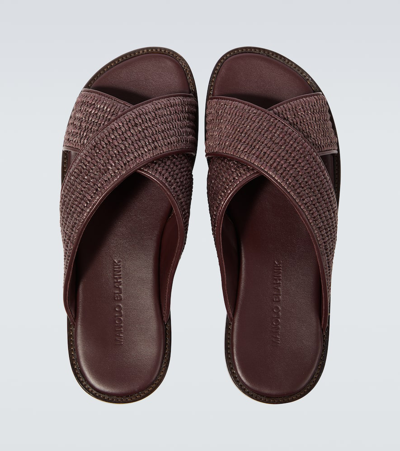 Manolo Blahnik Otawi Leather-trimmed Raffia Sandals In Brown