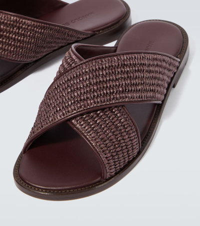Shop Manolo Blahnik Otawi Leather-trimmed Raffia Sandals In Brown