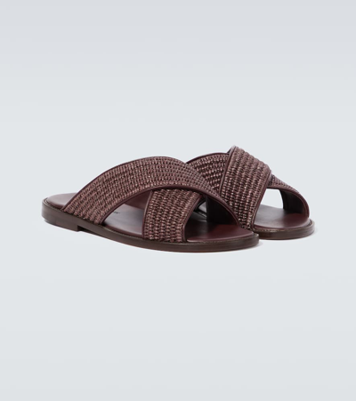 Shop Manolo Blahnik Otawi Leather-trimmed Raffia Sandals In Brown