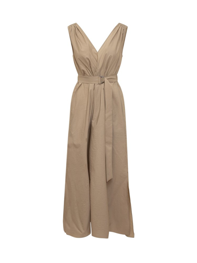 Shop Brunello Cucinelli Belted Pleated Midi Dress In Brown