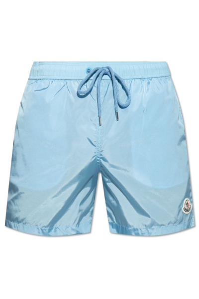 Shop Moncler Sea Logo Patch Swim Shorts In Blue