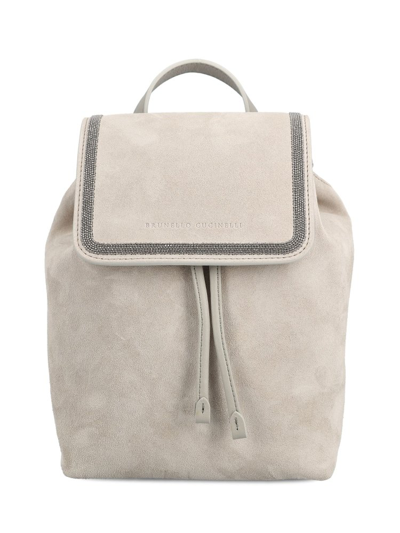 Shop Brunello Cucinelli Logo Embossed Drawstring Backpack In Grey