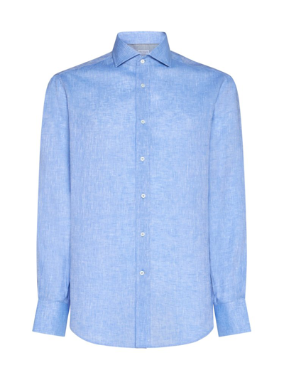 Shop Brunello Cucinelli Long Sleeved Buttoned Shirt In Blue