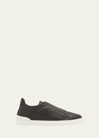 Shop Zegna Men's Triple Stitch Secondskin Leather Slip-on Sneakers In Black