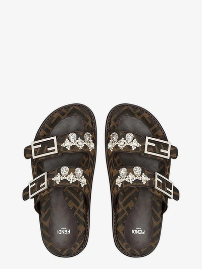 Shop Fendi Ff Fabric Slide Sandals Shoes In Brown