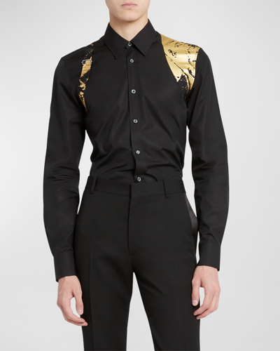 Shop Alexander Mcqueen Men's Dress Shirt With Metallic Folded-print Harness In Black