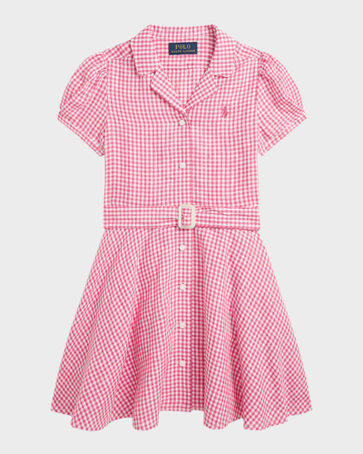 Shop Ralph Lauren Girl's Linen Gingham Belted Fit & Flare Dress In Belmont Pink Whit