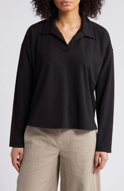 Shop Eileen Fisher Boxy Long Sleeve Johnny Collar Top In Black