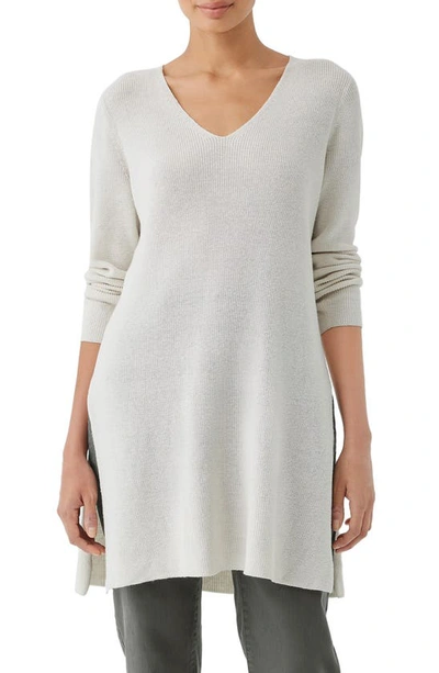 Shop Eileen Fisher Organic Cotton V-neck Tunic Sweater In Bone