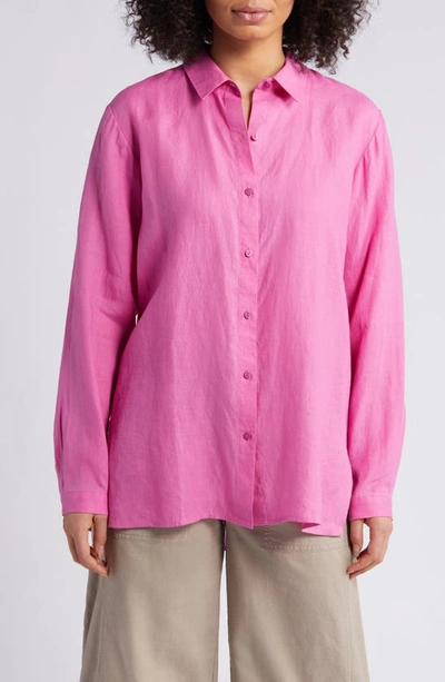Shop Eileen Fisher Classic Long Sleeve Organic Linen Button-up Shirt In Tulip