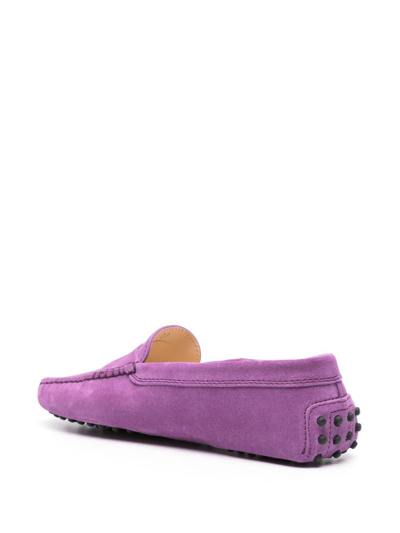 Tod's Round Toe Suede Loafers With Penny Strap In Pink & Purple