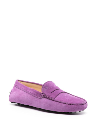 Tod's Round Toe Suede Loafers With Penny Strap In Pink & Purple
