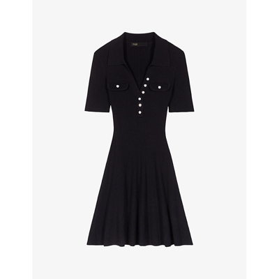 Shop Maje Women's Noir / Gris Open-collar Short-sleeve Stretch-knit Mini Dress