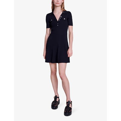 Shop Maje Women's Noir / Gris Open-collar Short-sleeve Stretch-knit Mini Dress