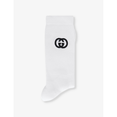 Shop Gucci Brand-embroidered Crew-length Cotton-blend Socks In White