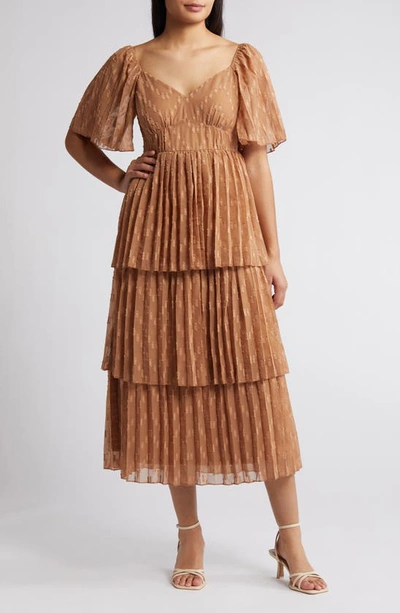 Shop Zoe And Claire Pleated Tiered Midi Dress In Tan