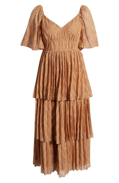 Shop Zoe And Claire Pleated Tiered Midi Dress In Tan