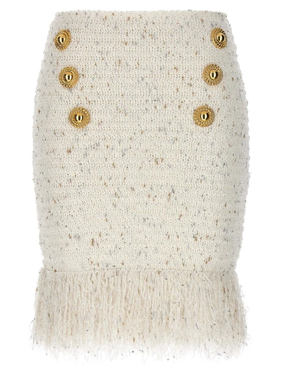 Shop Balmain 'fringed Tweed' Skirt In White