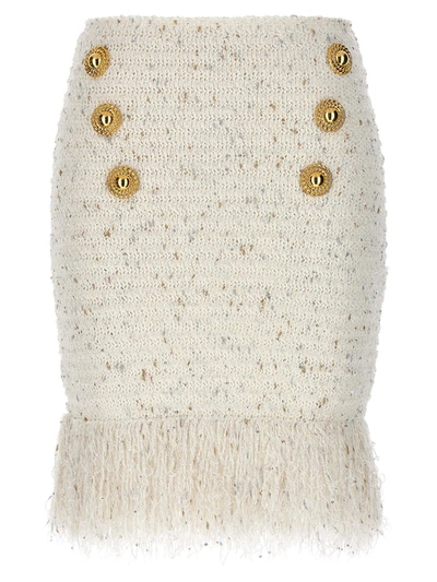 Balmain Tweed Skirt With Fringed Hem And Gold-tone Buttons In White