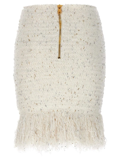 Balmain Tweed Skirt With Fringed Hem And Gold-tone Buttons In White