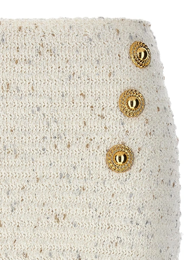 Balmain Tweed Skirt With Fringed Hem And Gold-tone Buttons In White