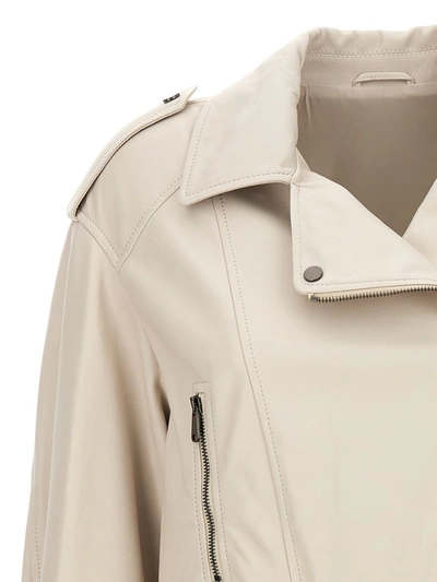 Shop Brunello Cucinelli Leather Biker Jacket In White