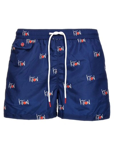 Shop Kiton Logo Print Swim Shorts In Blue