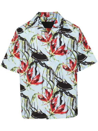 Shop Prada Floral-print Cotton Shirt In Cielo+rosso