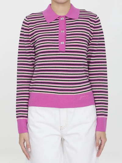 Shop Ganni Striped Polo Sweater In Multicolor