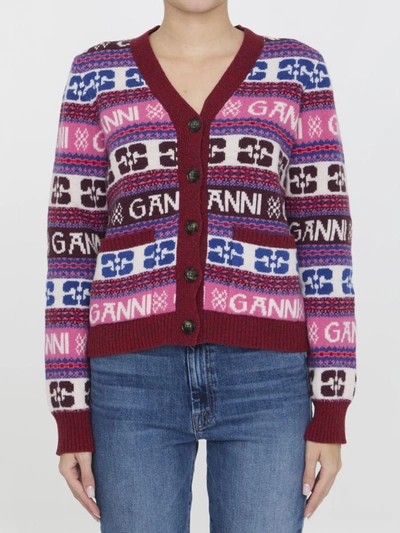Shop Ganni Wool Cardigan In Multicolor