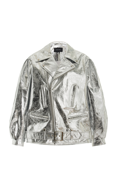 Shop Simone Rocha Puff-sleeve Metallic Leather Biker Jacket In Silver