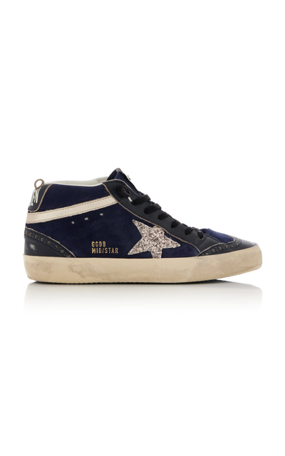 Shop Golden Goose Mid Star Suede Glittered Sneakers In Blue