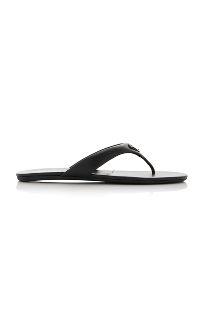 Prada Enamel-triangle Leather Flip Flops In Black