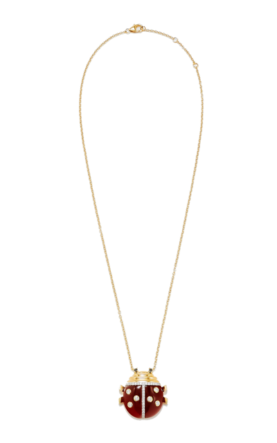 Shop Yvonne Léon 9k Yellow Gold Diamond; Agate Pendant Necklace In Red