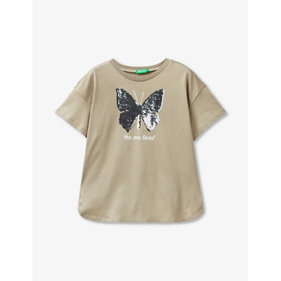 Shop Benetton Boys Khaki Green Kids Butterfly Sequin-embroidered Cotton T-shirt 6-14 Years