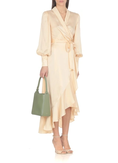 Shop Zimmermann Silk Wrap Midi Dress In Neutrals