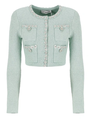 Shop Self-portrait Sequin Knit Cardigan In Green