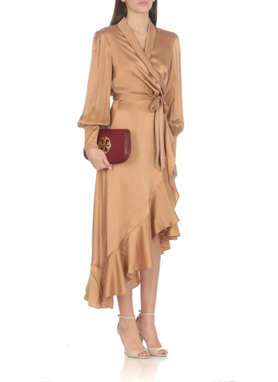 Shop Zimmermann Silk Wrap Midi Dress In Brown
