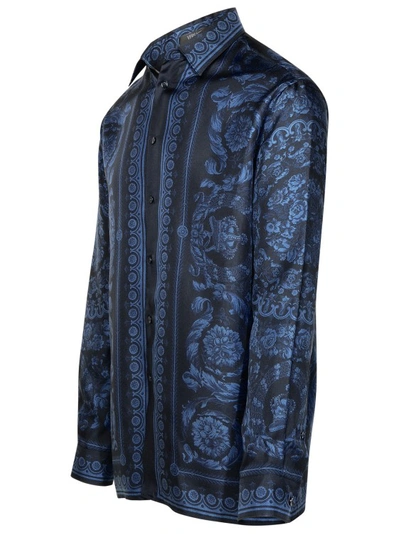 Shop Versace Barocco Blue Silk Shirt