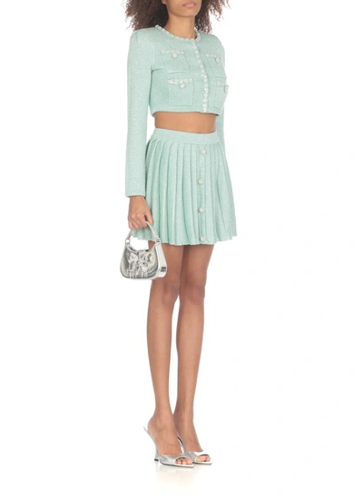 Shop Self-portrait Sequin Pleated Knit Skirt In Green