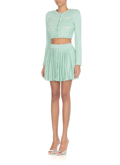 Shop Self-portrait Sequin Pleated Knit Skirt In Green