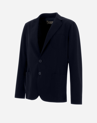 Herno Single-breasted Stretch Blazer In Navy Blue