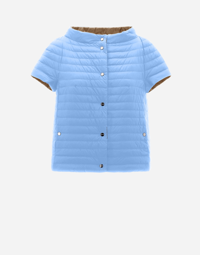 Herno Reversible Ecoage And Nylon Ultralight Cape In Beige/light Blue