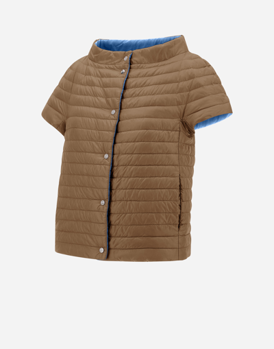 Herno Reversible Ecoage And Nylon Ultralight Cape In Beige/light Blue