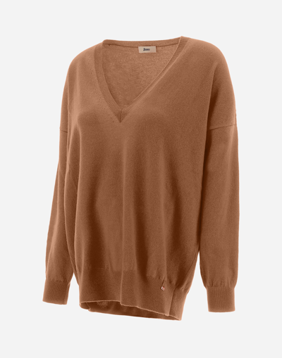 Herno Eternity V-neck Sweater In Camel